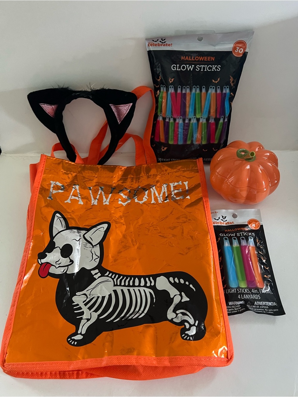Halloween Orange 'Pawsome' Trick-or-Treat Bag with Glow Sticks